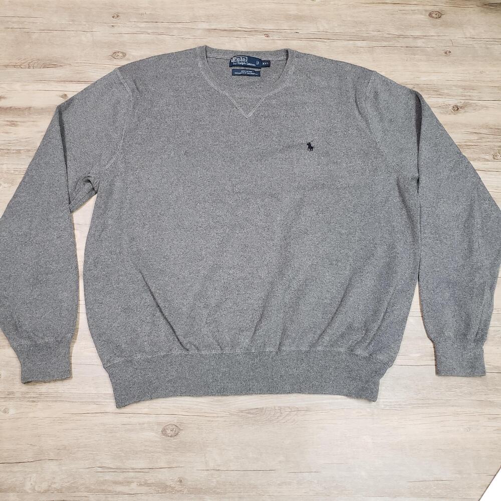 Polo By Ralph Lauren Sweater Mens 2XL Gray V Neck Cotton Knit Pullover Pony